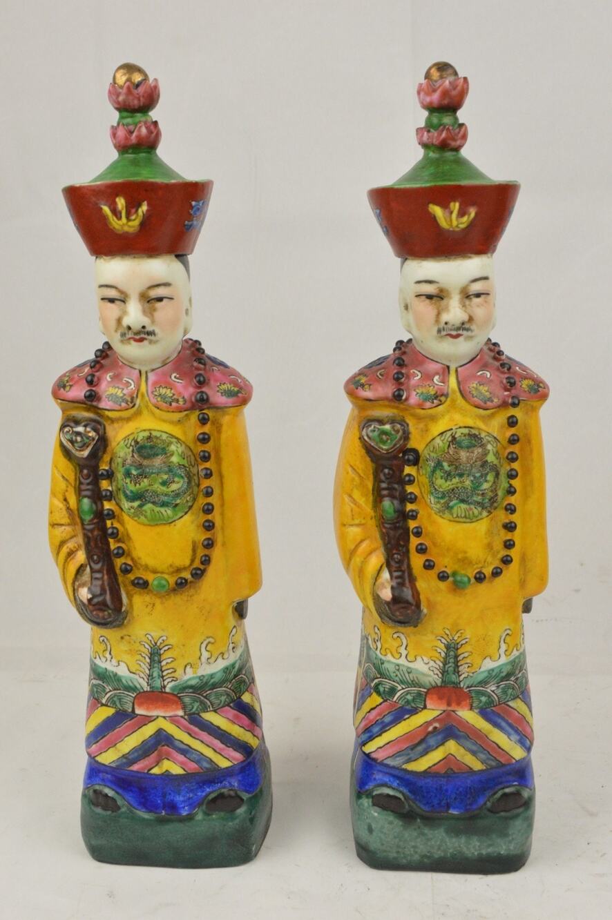 Pair Chinese Emperor Mandarin Figurines 12" Ceramic Statues Character Marked